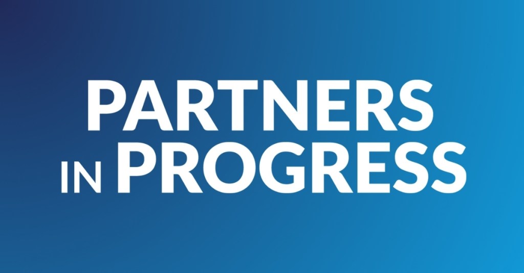 Partners in Progress logo with a dark and light blue gradient background.