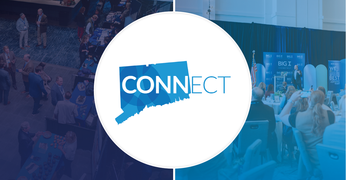 CONNECT logo with images of the exhibit hall and lunch room.