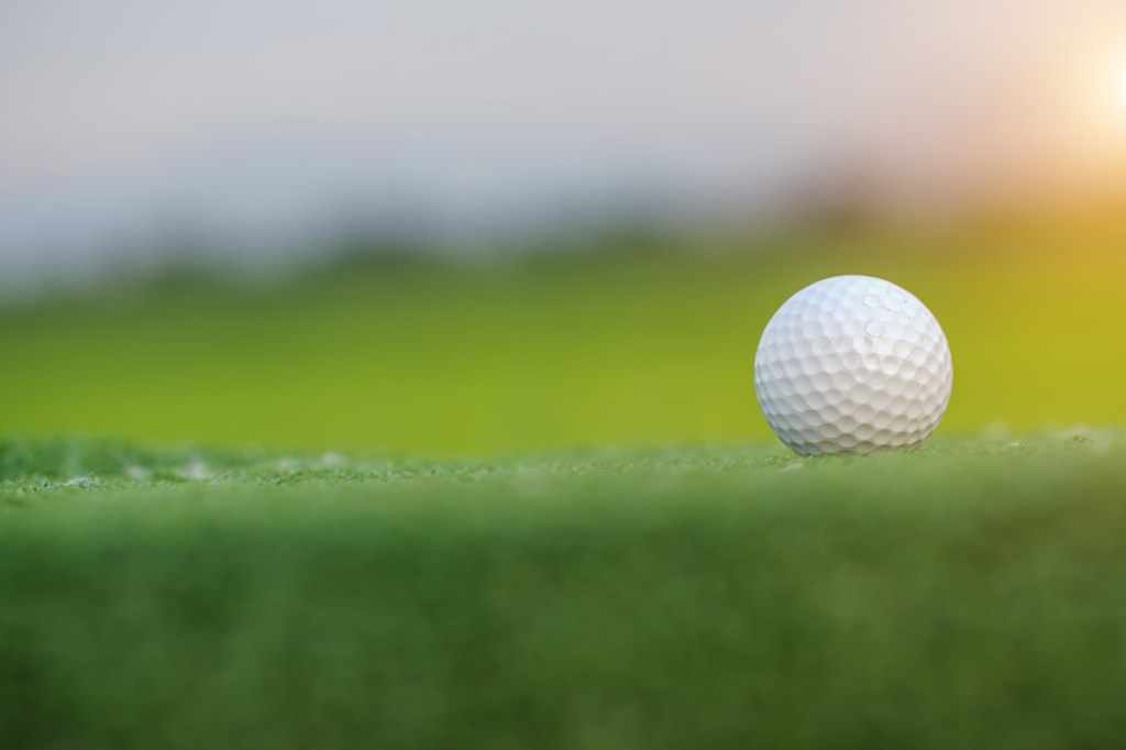 Closeup of single golf ball near the hole in warm natural light. Soft green grassy background.