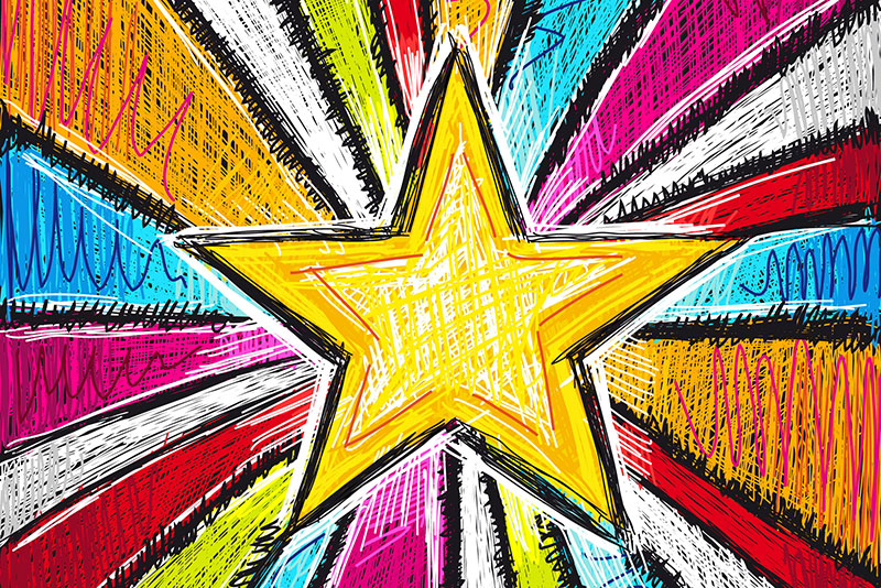 Brightly colored abstract drawing of gold star in pastels